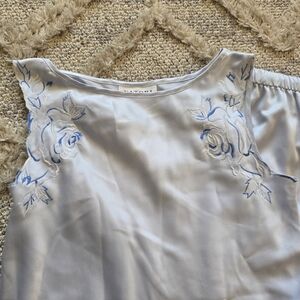 Vintage Natori Pajama Set Womens XS Blue Satin Embroidered Luxury Lounge